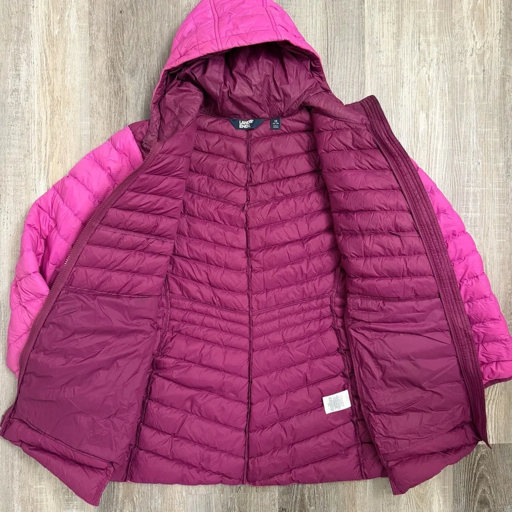 Lands End Women’s Plus Hooded Down Filled Puffer Coat Jacket Pink-size 1X